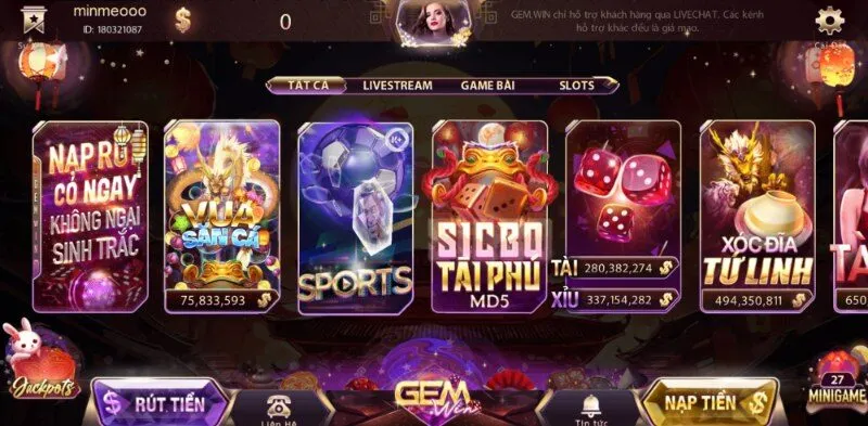 Giao diện cổng game Gemwin vô cùng thân thiện