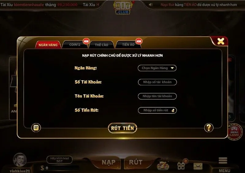 Hình thức rút tiền tại cổng game Hitclub